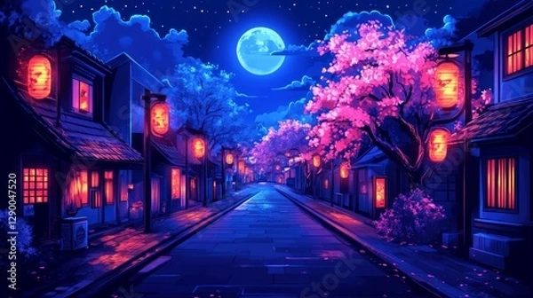 Obraz Night Cherry Blossom Avenue With Traditional Japanese Lanterns Under A Radiant Moon.