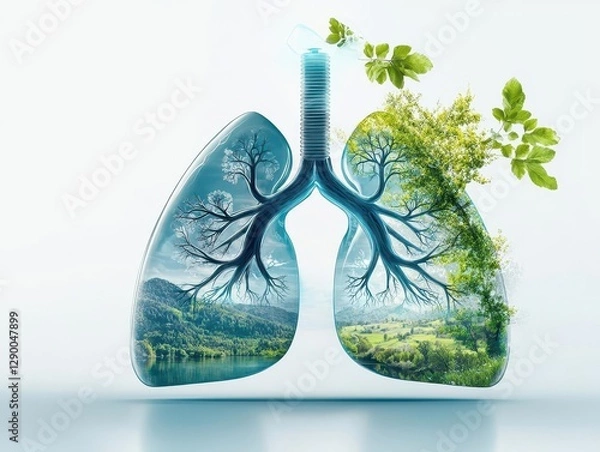 Fototapeta A serene landscape merging with an image of healthy lungs, symbolizing the peace and calm of recovery, respiratory health, pneumonia recovery, healing