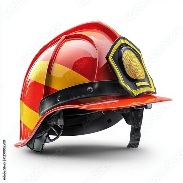 Fototapeta Bright red fire helmet with reflective stripes and shiny badge isolated on white background for emergency service imagery