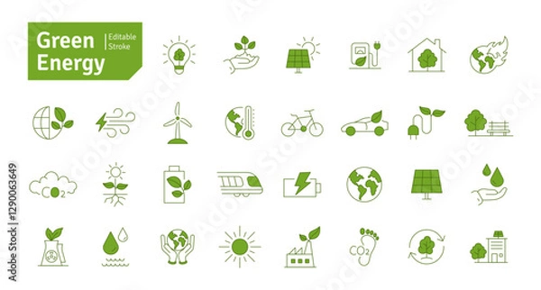 Fototapeta Green Energy Green Line Icons Set. Climate Change, Solar Energy, Green Technology, Sustainable Energy, Renewable Energy, Recycling Icons Editable Stroke Vector Illustration