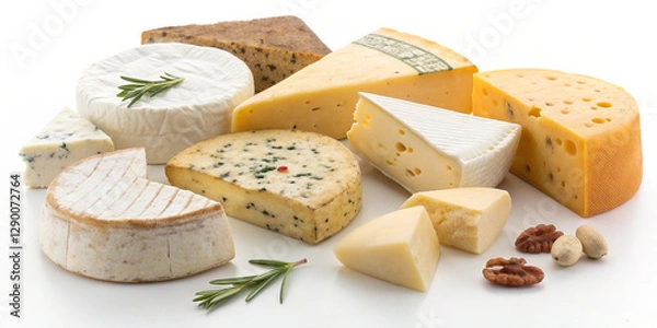 Fototapeta Delicious Selection of Various Cheeses Isolated on a Clean Background for Gourmet Tasting