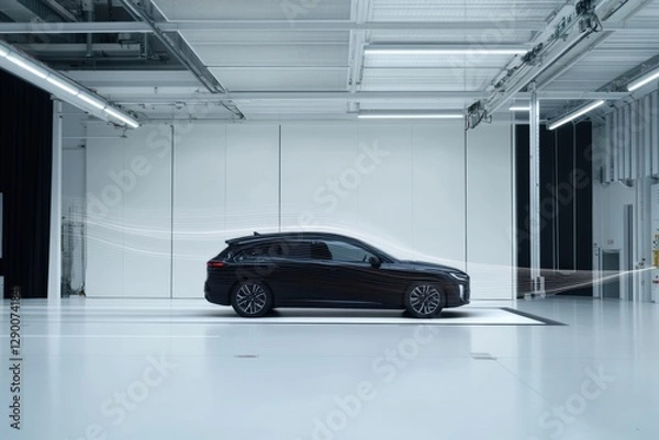 Fototapeta Sleek black car showcased in a modern garage setting emphasizes luxury design, advanced technology, and aerodynamic efficiency for optimal performance.