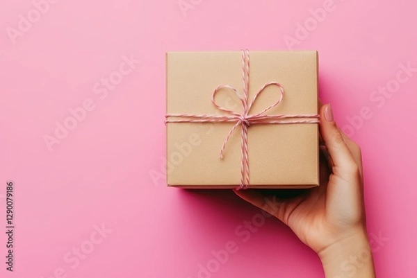 Fototapeta A hand holds a small, kraft paper gift box tied with pink and white baker's twine. This image is perfect for blogs, websites, or social media posts related to gifts, presents, or celebrations.