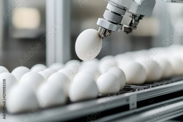 Fototapeta Advanced robotic technology automates egg handling in modern poultry production, enhancing efficiency and precision in the agricultural industry.