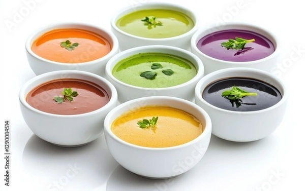 Fototapeta A colorful array of delicious soups in various bowls showcasing different ingredients and vibrant textures