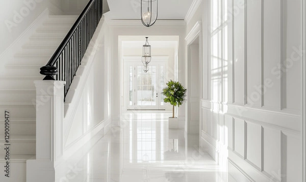 Fototapeta Bright and spacious hallway featuring white walls with elegant hanging pendant lights for modern style