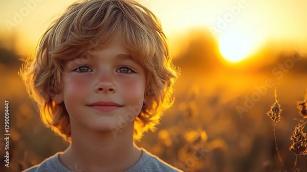 Fototapeta portrait of a boy on a background of the setting sun