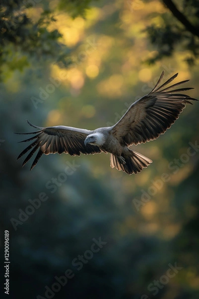 Fototapeta Digital Illustration of a Vulture Perched on a Bare Tree Branch Against a Stunning Sunrise or Sunset Sky with Orange and Yellow Hues – A Serene and Peaceful Wildlife Scene