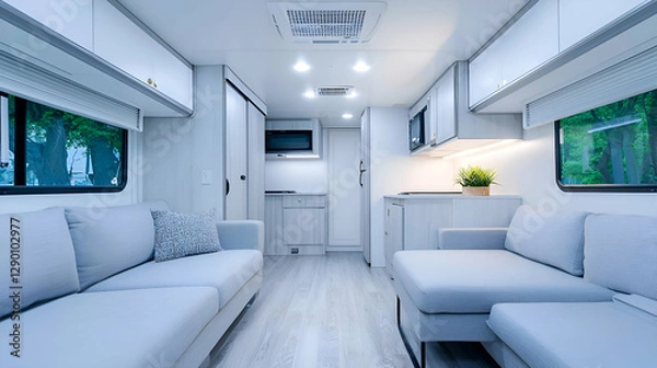 Obraz Modern Minimalist RV Interior Design with White and Gray Sofas