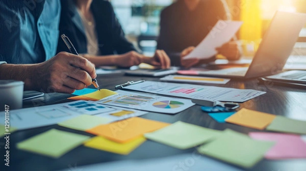 Fototapeta Business team meeting collaboration planning strategy session documents work data desk notes office