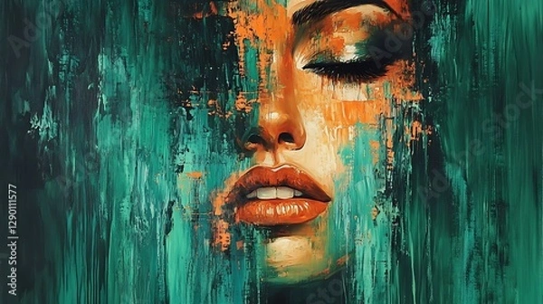 Fototapeta Abstract portrait of a woman's face, painted with teal and orange hues, eyes closed.