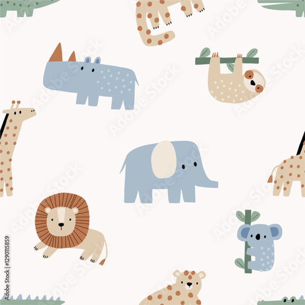 Obraz Cute African Safari animals flat style. Childish rhinoceros, giraffe, leopard, crocodile, koala. Kids vector seamless pattern