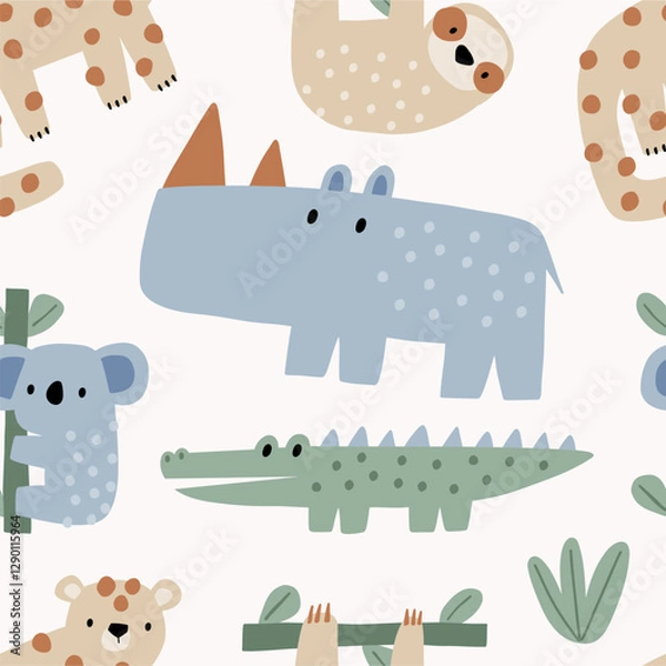 Obraz Cute African Safari animals flat style. Childish rhinoceros, giraffe, leopard, crocodile, koala. Kids vector seamless pattern