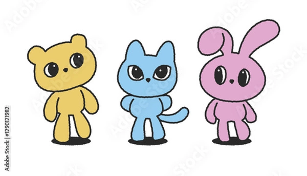 Fototapeta Hand drawings of bear, cat, and rabbit characters with a doll motif
