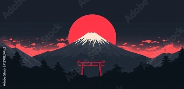 Fototapeta Serene Mountain Landscape with Torii Gate Under a Large Red Sun