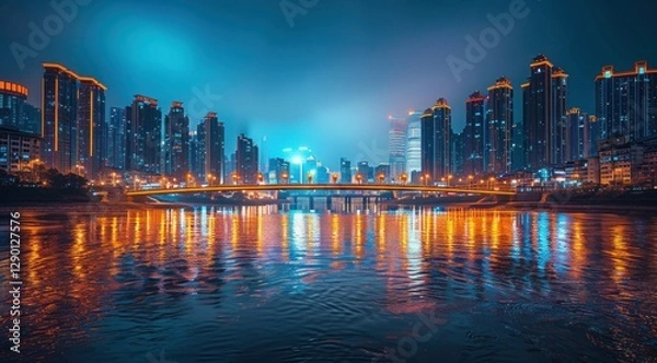 Obraz Night Cityscape with Bridge Reflections