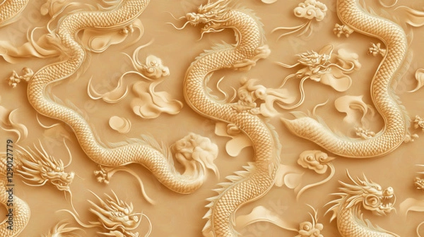 Fototapeta Golden Dragon Wall: Capturing the detailed texture of intricately carved dragons in a relief sculpture, creating a stunning visual display of ancient cultural symbolism.
