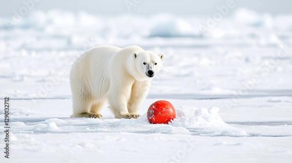 Obraz Arctic Encounter: A majestic polar bear stands beside a bright red ball on a pristine snow-covered Arctic landscape. The contrast between the white fur and the red ball creates a striking visual.