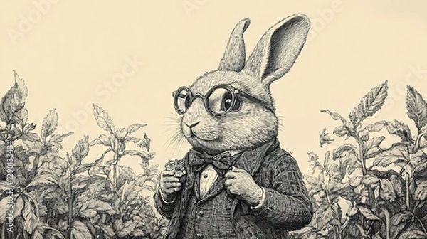 Fototapeta Anthropomorphic rabbit wearing glasses and a suit holds a watch