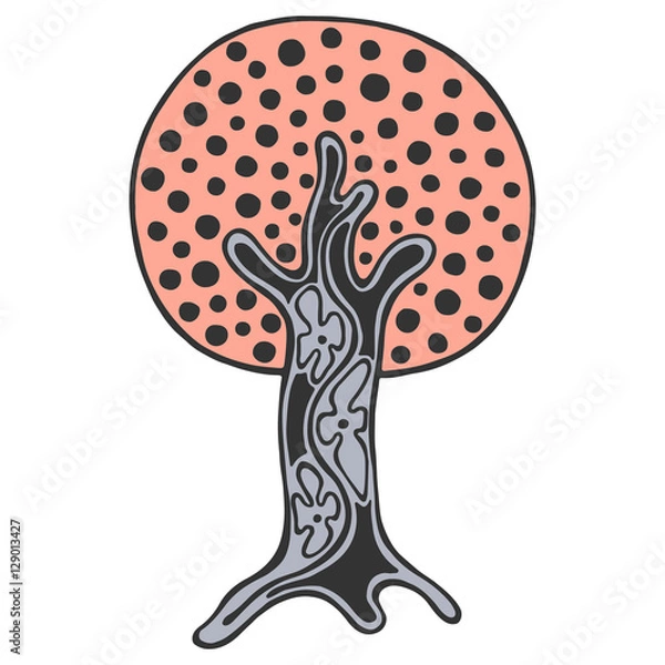 Fototapeta Vector hand drawn illustration, decorative ornamental stylized tree. Blue, red abstract graphic illustration isolated on the white background. Artistic drawing silhouette. Decorative  ornamental wood