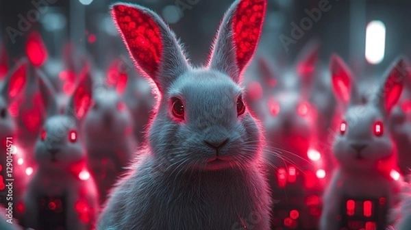 Fototapeta Cloned rabbits with glowing red eyes in a futuristic scene
