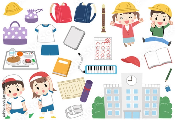 Fototapeta 小学校で使うグッズと子供達のイラスト素材アイコンセット