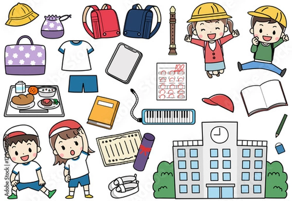 Fototapeta 小学校で使うグッズと子供達のイラスト素材アイコンセット