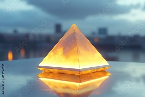 Fototapeta Premium products highlighted on a floating illuminated pyramid with reflective surface.