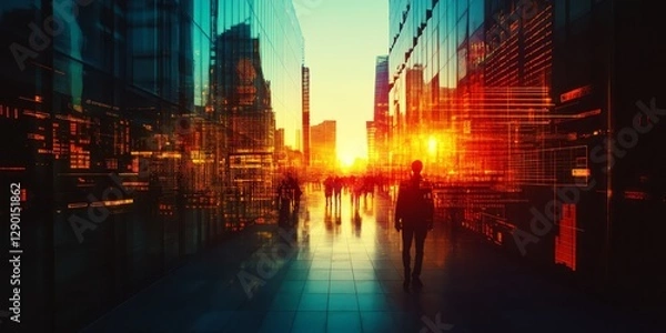 Fototapeta Silhouetted figures walk through a futuristic cityscape at sunset