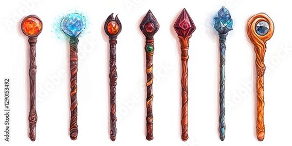 Fototapeta Set of Eight Fantasy Magic Wands with Gemstone Tips