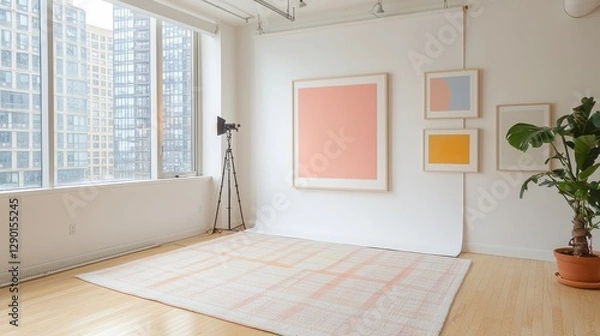 Fototapeta Bright Minimalist Workspace Featuring Abstract Art in Cozy Setting, Inviting Atmosphere for Online Presentations and Meetings