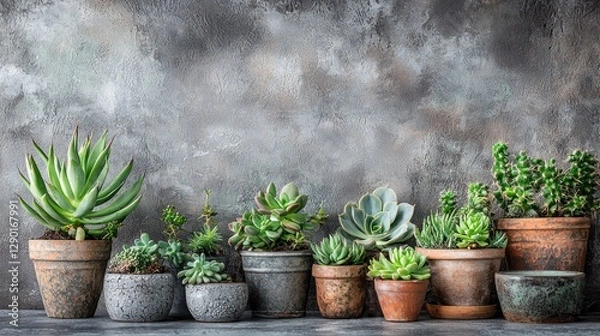 Fototapeta Diverse succulent collection in rustic pots against textured gray backdrop creating a serene indoor garden scene
