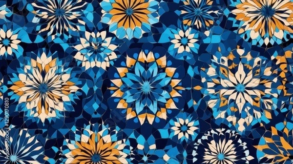 Fototapeta Decorative Floral Pattern in Blue and Orange with Geometric Shapes on a Dark Background