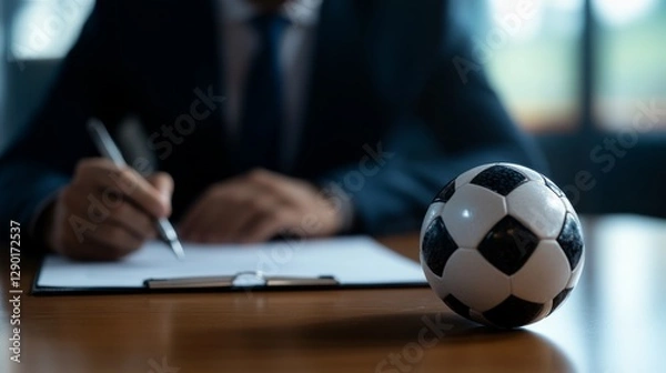 Obraz A business professional in a suit signs important documents at a polished desk, with a soccer ball indicating sports contract talks taking place