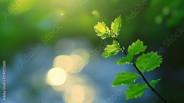 Fototapeta Closeup of Dewy Green Leaves on a Branch in Sunlight