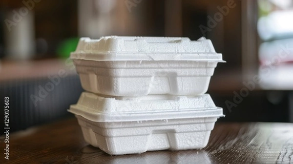 Fototapeta Styrofoam Containers: Lightweight and effective for keeping food hot or cold, these disposable containers are often used but raise environmental concerns due to their long decomposition time.
