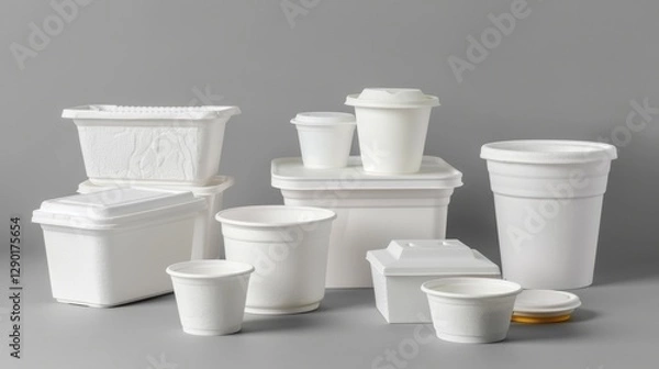 Fototapeta Styrofoam Containers: Convenient, lightweight containers for food packaging, offering insulation but harmful to the environment due to their non-biodegradable nature.

