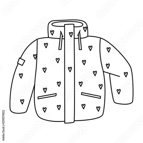 Obraz Short thick down jacket with print, unisex outerwear. Contour drawing, line black, flat vector, eps10