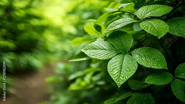 Fototapeta Closeup of Lush Green Leaves with Dew Drops
