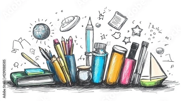 Obraz Back-to-School Elements and Education Doodles, Sketch Outline Illustration, Representing Learning, School Supplies, and Educational Tools for Students and Teachers 