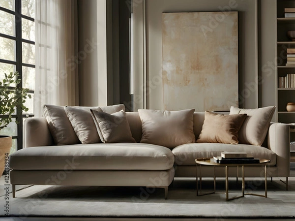 Fototapeta Modern Lounge Comfort: A stylish close-up of a modern sofa in a bright and airy corner, featuring sleek lines and neutral tones. Soft lighting enhances the sophisticated yet cozy ambiance.
