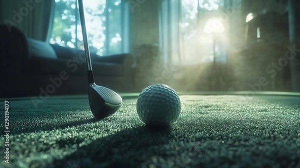 Fototapeta Indoor golf practice, putting green, home, sunlit room, leisure