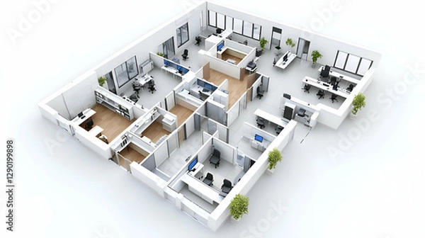 Obraz Modern Office Floor Plan 3D Rendering: Clean White Interior Workspace Design