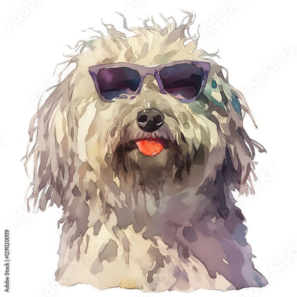 Obraz Charming Puli Dog Wearing Stylish Sunglasses Joyfully Smiling in a Beautiful Watercolor Painting Perfect for Pet Lovers and Art Enthusiasts Alike Capturing Fun and Playfulness