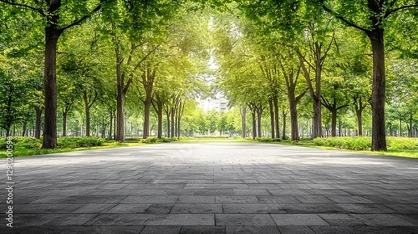 Fototapeta Sunlit Path Through Lush Green Trees in a Park