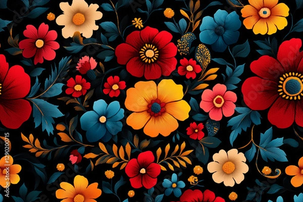 Obraz Colorful floral embroidery pattern blooming on dark background