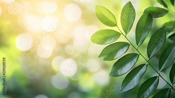 Fototapeta Closeup of Vibrant Green Leaves with Sunlight and Bokeh Background