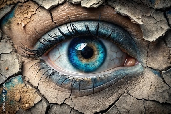 Fototapeta Close-up of a cracked eye, symbolizing drought or hardship.