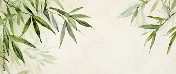 Obraz Soft green watercolor strokes frame bamboo leaves and grass against a beige background. This elegant design exemplifies the simplicity and beauty of traditional Chinese art.