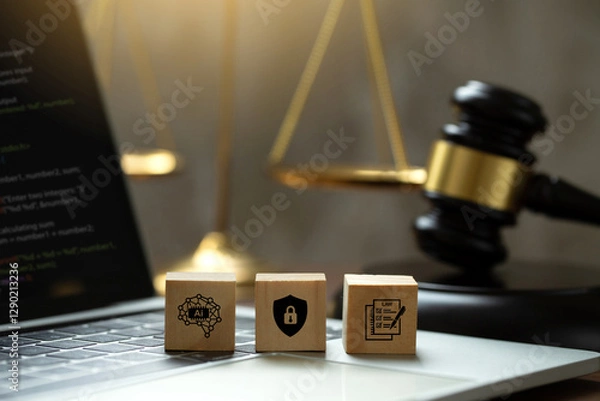 Fototapeta AI ethics and AI Law concept. wooden cube with AI icons on the laptop and a judicial gavel . artificial intelligence law and online technology of legal law regulations. AI technology group control .